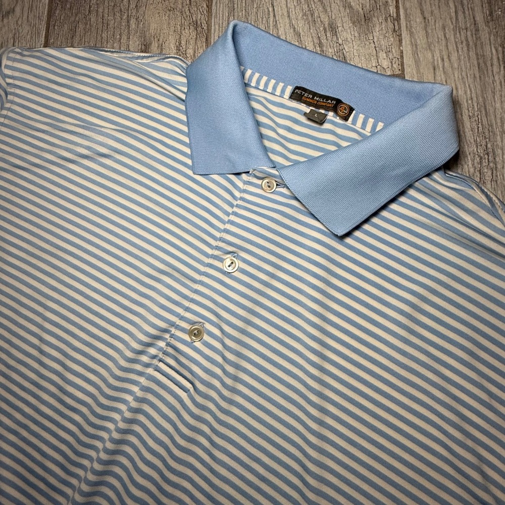 Peter Millar Summer Comfort Mens Large Blue White Striped Golf Polo La Jolla L